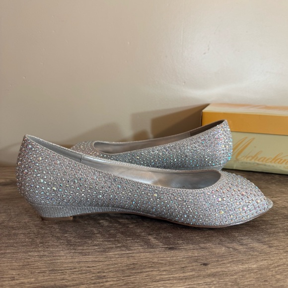 Michaelangelo David’s Bridal Silver Rhinestone Wedge Peep Toe Dress Shoes Sz 11 - Picture 9 of 13